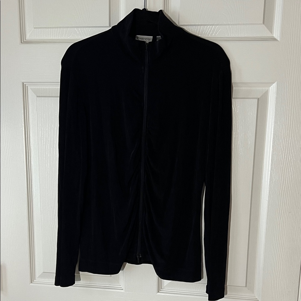 Chico's‎ Classic Liquid Knit Black Full Zip Up Jacket, Sz 2 (Large)